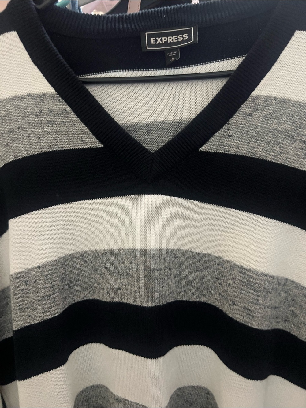 Express Men's Black, Gray & White Striped V-Neck Sweater - Modern Knit